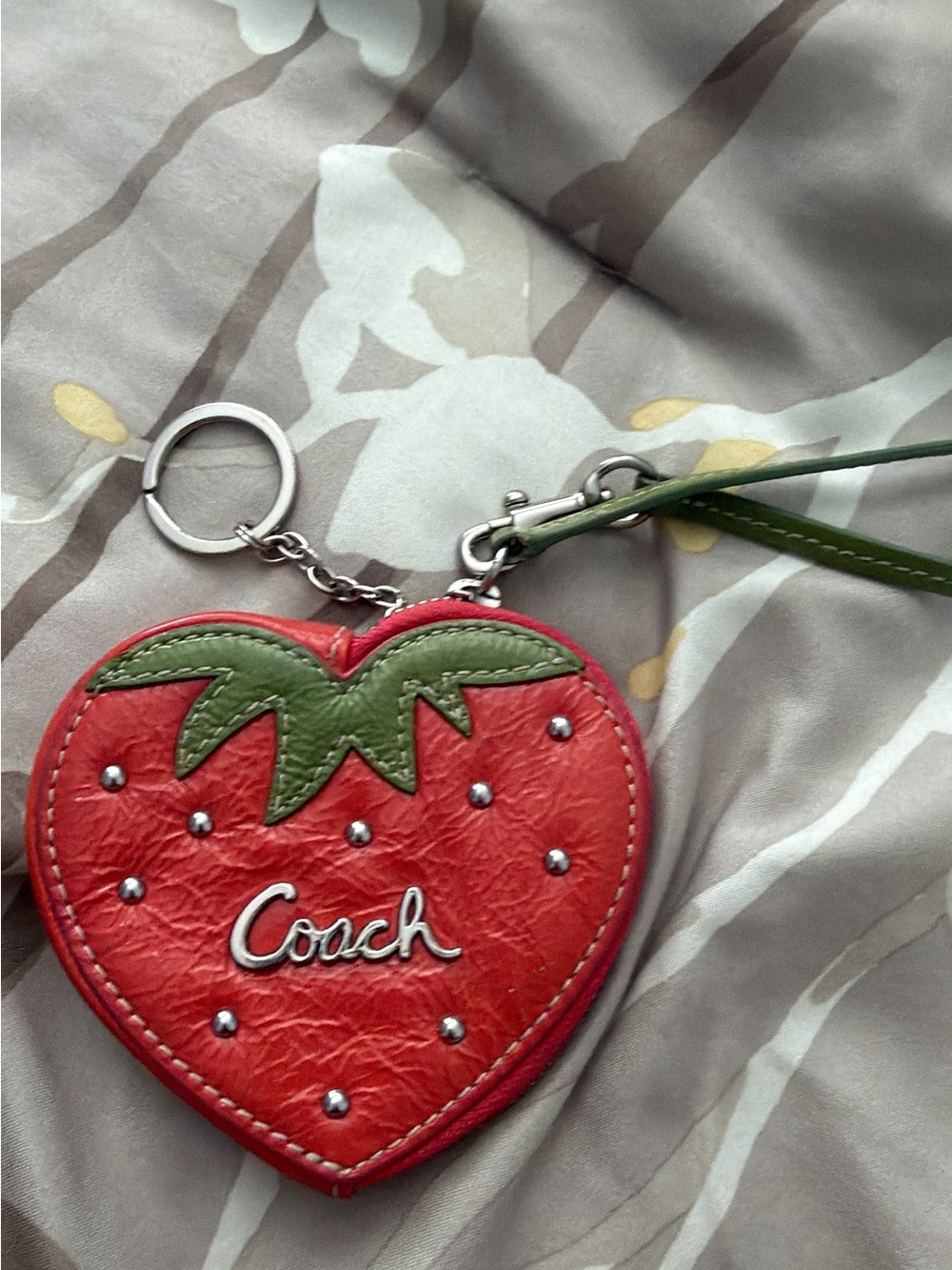 Coach Red Strawberry Heart Leather Key & Card Holder with Green Trim
